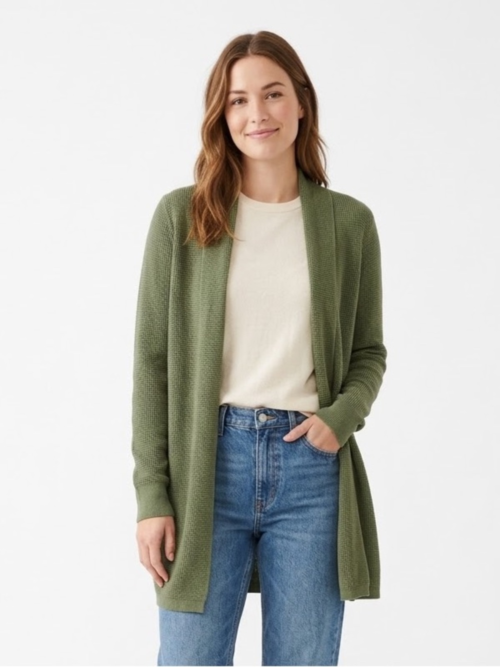 CYRUS Olive Green Waffle Knit Open Front Cardigan Sweater Size Medium